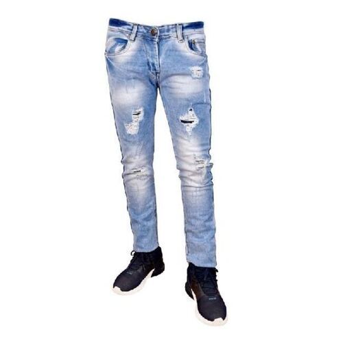 Light Blue Men'S Skinny Fit Shredded Stretchable Denim Ripped Jeans For Regular Wear