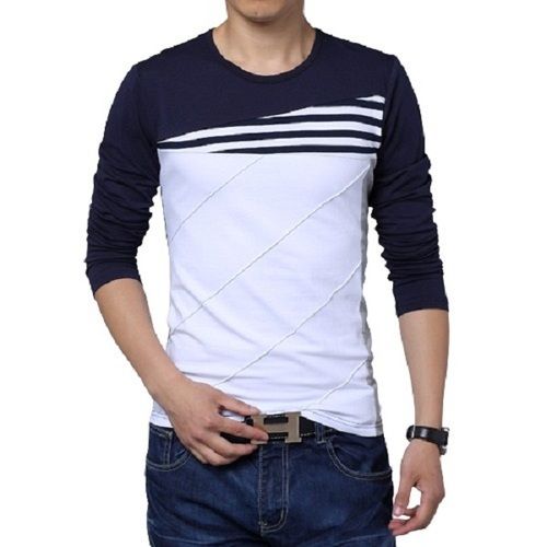 White With Black Plain Pattern Full Sleeve Round Neck Cotton T Shirt For Men'S