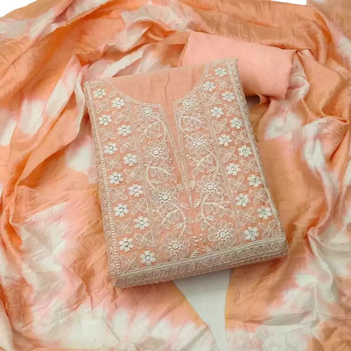 Orange And White Wrinkle Resistant Embroidery Cotton Unstitched Salwar Suit With Dupatta