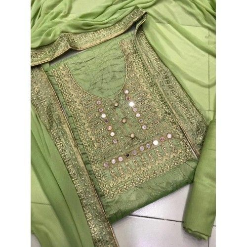 Casual/Party Wear Ladies Non Stitched Green Suit Set With Dupatta