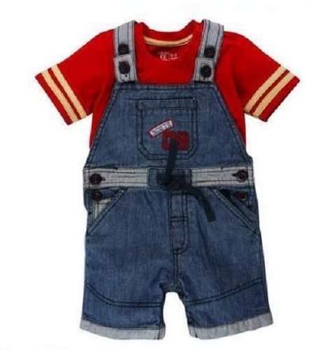 Casual Wear Short Sleeves Round Neck Denim And Cotton Baba Suit For Kids 