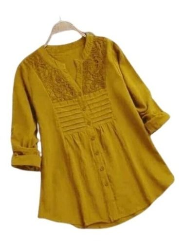 Yellow Ladies Full Sleeves Button Closer Casual Wear Embroidered Soft Cotton Top