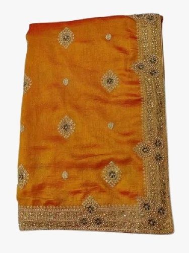 Orange Party Wear Hand Embroidery Printed Traditional Designs Silk Sarees 