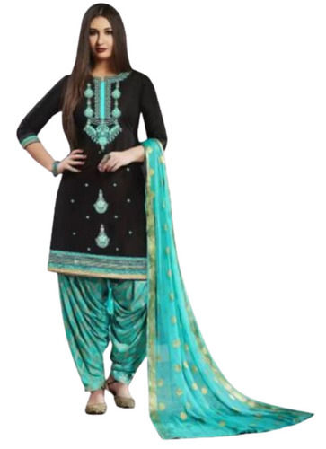 Sky Blue And Black Breathable Three Fourth Sleeve Soft Cotton Embroidered Suit For Women