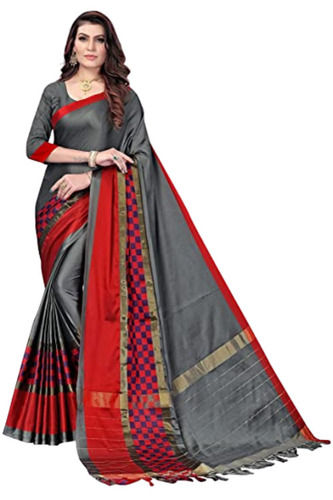 Multicolor Casual Wear Ladies Printed Banarasi Cotton Saree With Unstitched Blouse Piece