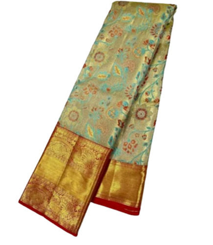 Multicolor Ladies Printed Casual Wear Banarasi Silk Saree With Unstitched Blouse Piece