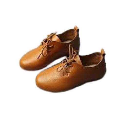 Plain Flat Heel Round Toe Style Lace Closure Kids Leather Shoes 