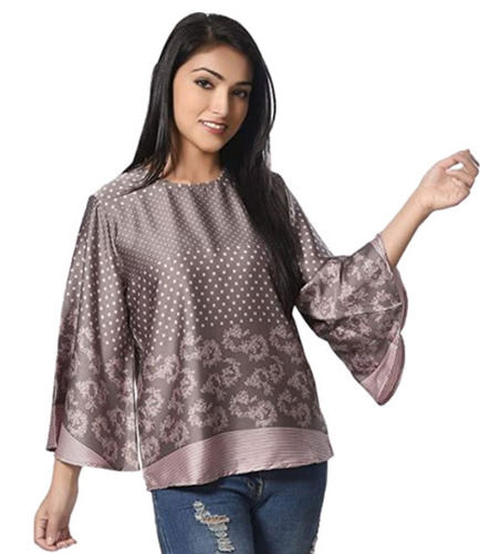 Grey And White Skin Friendly Flare Sleeves Round Neck Printed Party Wear Silk Top For Ladies