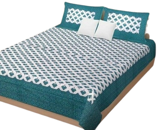 Green And White 108 Inches Long Shrink Resistant Full Sized Printed Cotton Double Bed Sheet