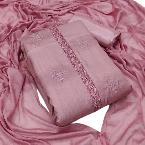 Pink 118X44 Inches Indian Style Embroidered Silk Salwar Suit With Dupatta For Ladies