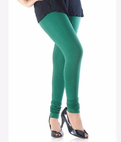 40 Inches Long Casual Wear Green Solid Plain Soft Cotton Lycra Legging For Ladies