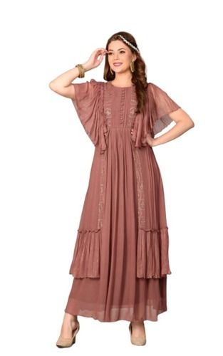 Flared Sleeve Round Neck Casual Wear Embroidered Long Dress For Womens