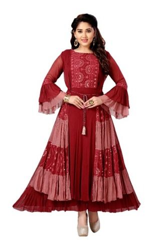 Ladies Round Neck Frill Sleeves Party Wear Rayon Embroidered Anarkali Suit