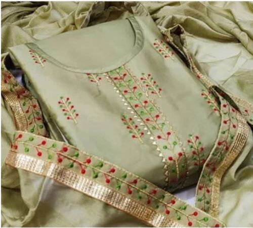 Olive Green Party Wear Embroidered Soft Cotton Silk Unstitched Suit For Ladies