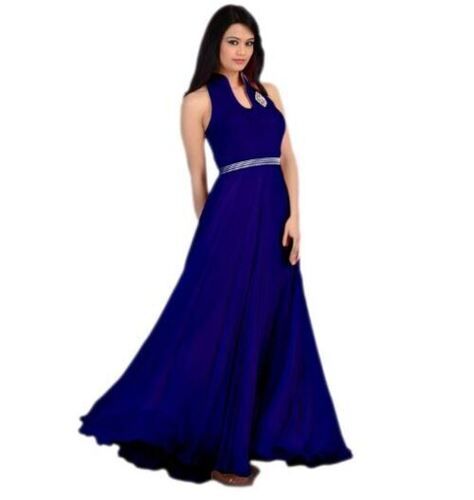 Blue Party Wear Sleeveless Full Length Plain Georgette Designer Gown For Ladies