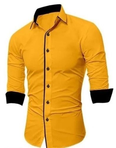 Plain Yellow Color Full Sleeves Men Cotton Shirt For Casual Wear Collar Style: Straight