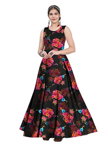 Black Regular Fit Sleeveless Round Neck Floral Printed Satin Gown For Ladies