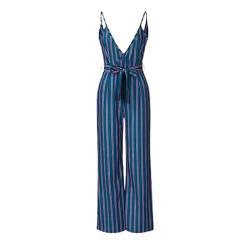 No Fade Sleeveless Blue Color Striped Polyester Jumpsuit For Ladies