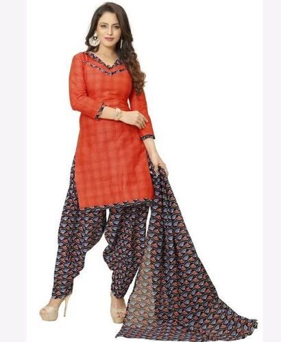 Multicolor V Neck Casual Wear Three Fourth Sleeves Soft Cotton Salwar Suit With Dupatta