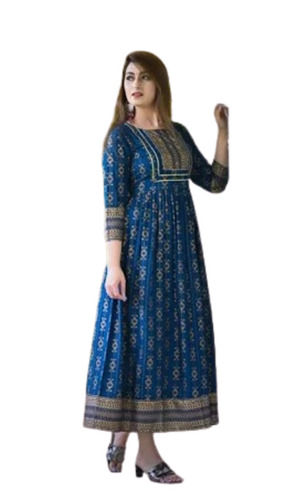 Multicolor Breathable 3/4Th Sleeves Viscose Cotton Printed Anarkali Suit For Ladies