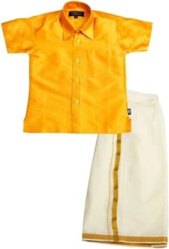 Silk Ethnic Wear, Short Sleeves Plain Shirt And Dhoti Set For Baby Boys