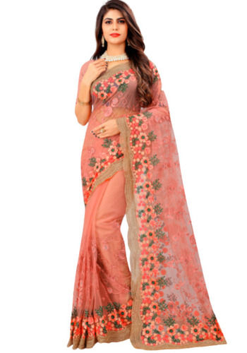 Light Pink Party Wear Floral Georgette Designer Net Saree For Ladies