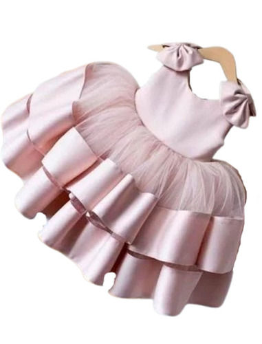 Round Neck Sleeveless Satin Blend Modern Party Wear Frock For Baby Girl