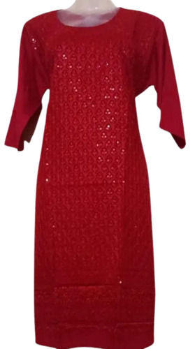 Red 42 Inches Long Daily Wear Sequin Work Cotton Kurti For Ladies