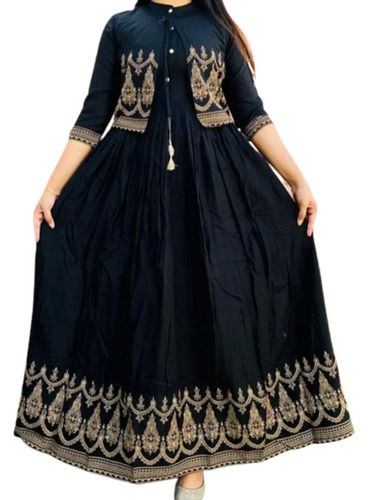 Navy Blue 50 Inches Long Comfortable 3/4Th Sleeves Cotton Anarkali Kurti For Ladies