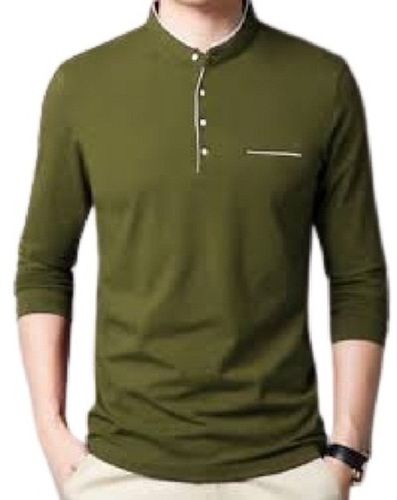 Cotton T-Shirt - Soft Feel, Full Sleeves, Mandarin Neck Design | Stylish Green Color, Available Sizes S-XXL