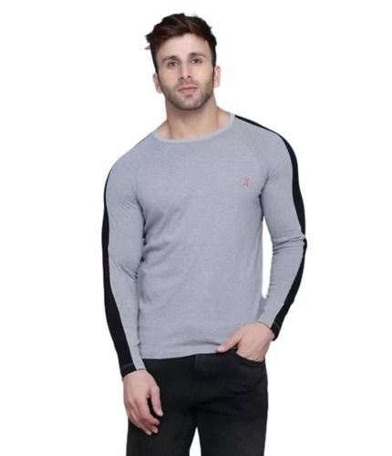 Grey And Black Regular Fit Round Neck Long Sleeves Lycra T Shirt For Men