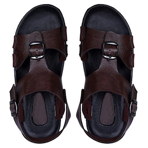 Brown Slip On Buckle Synthetic Leather Flat Heel Sandals For Men'S