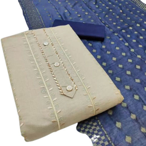 Beige And Blue Casual Wear Embroidered Cotton Unstitched Ladies Suit With Dupatta