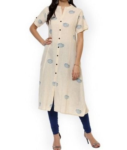 Short Sleeves Button Closure Casual Wear Printed Cotton Kurti For Ladies