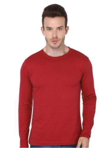 Red Breathable And Casual Wear Full Sleeves Round Neck Plain Poly Cotton T Shirt