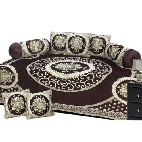 Brown And White Embroidered Patchwork Flower Printed Soft Cotton Bed Cover (Diwan) Set