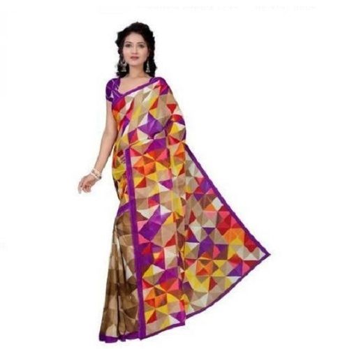 Multicolor Ladies Daily Wear Geometric Printed Synthetic Cotton Silk Saree With Blouse 