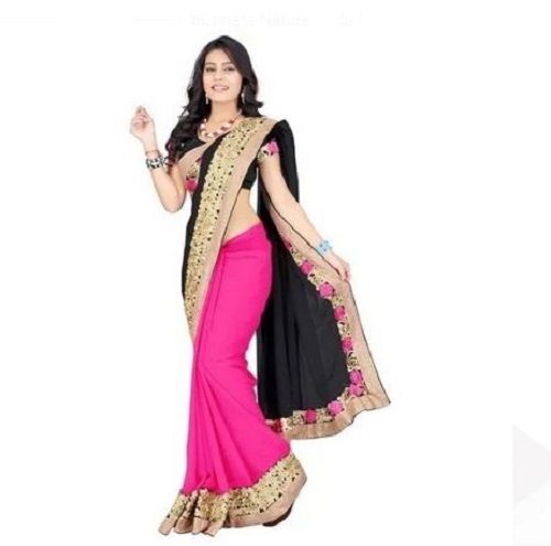 Multicolor Ladies Party Wear Hand Embroidered Border Printed Georgette Sarees