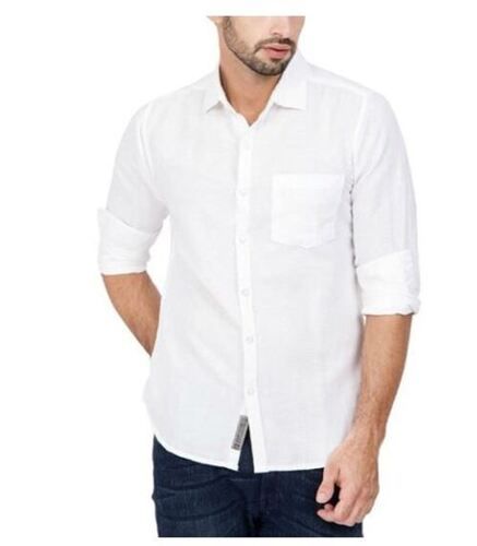 White Casual Wear Plain Straight Collar Full Sleeves Cotton Shirts For Men