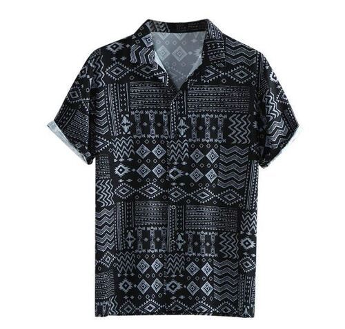 Black And White Casual Wear Short Sleeve Straight Collar Soft Cotton Printed Shirts For Men