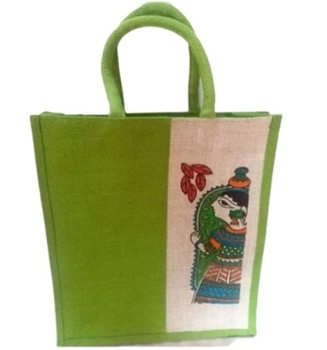 Light Weight And Flexiloop Handle Printed Shopping Reusable Jute Bag - 25 x 15 x 5 cm, Multicolor with Green and Cream Pattern, Flexible Loop Handle