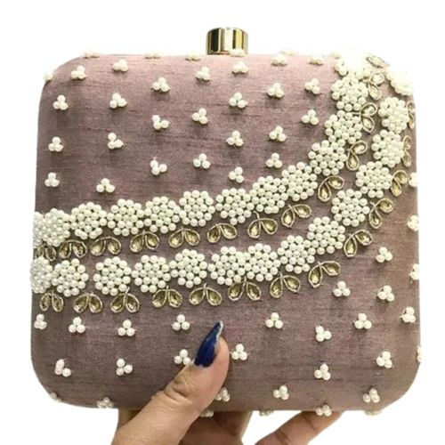 Pink 6X2X6 Inch Pastel Button Closure Embroidery Tortoise Shell Clutch Bag For Women