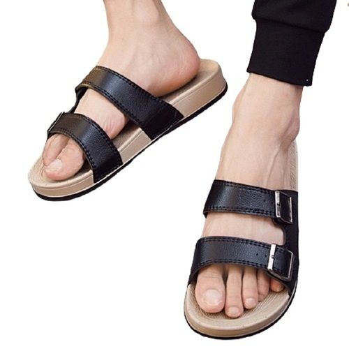 Black With Sandal Comfortable And Stylish Summer Season Leather Flat Slipper For Men'S