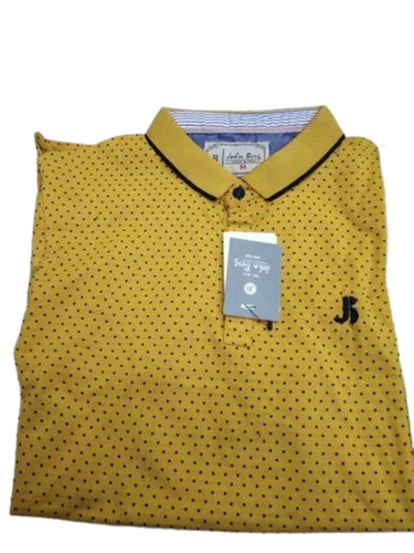 Cotton Polo Collar Dotted Print T-Shirt - Yellow, Short Sleeves, Durable Fabric for Men Aged 18-30