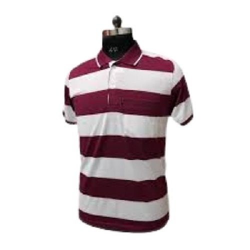 Black Polo Neck And Short Sleeve Striped Pattern Cotton T Shirt For Men