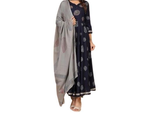 Blue 3/4 Sleeves Round Neck Cotton Printed Anarkali Suit With Dupatta For Ladies 