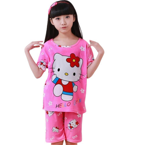 Multicolor Breathable Round Neck And Short Sleeves Type Printed Cotton Night Suit For Girls