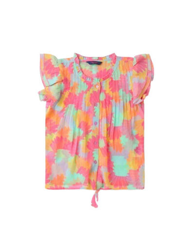 Multicolor Short Sleeves And Button Closure Type Round Neck Printed Polyester Top For Girls