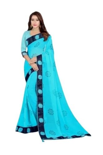 Blue Skin Friendly Casual Wear Printed Chiffon Saree With Blouse Piece