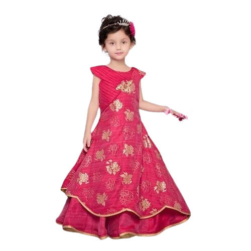 Red Girls Party Wear Sleeveless Round Neck Floral Print Silk Gown